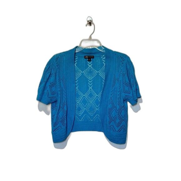I.N. STUDIO Cardigan Sweater Blue Ramie Cotton Short Sleeve Open L Crochet - Picture 1 of 5